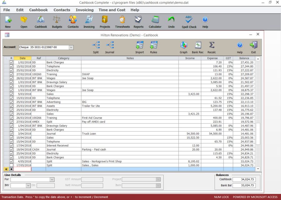 Cashbook screen