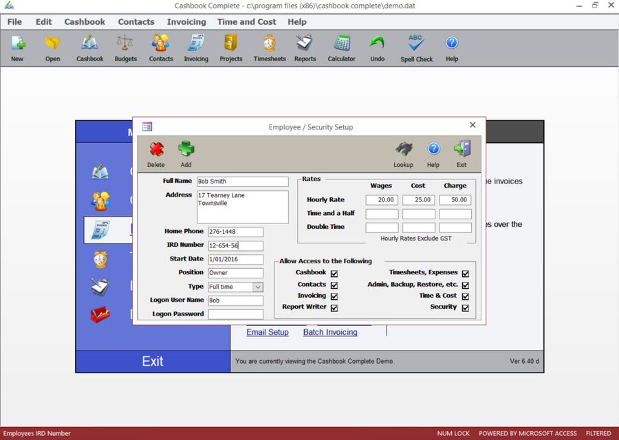 Employee Setup screen