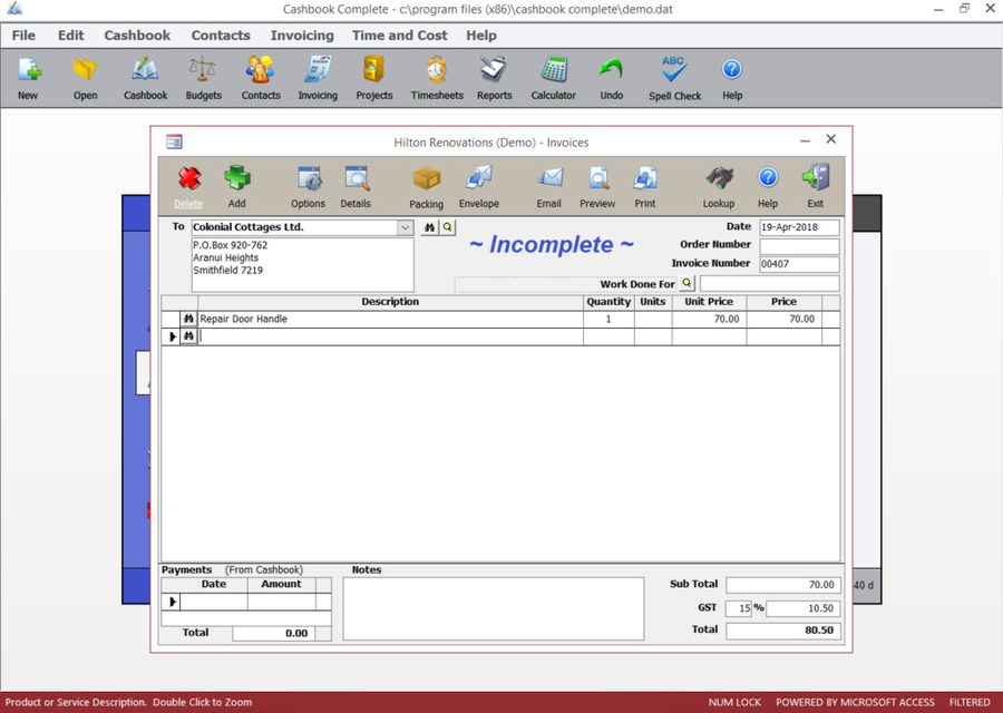 Invoicing screen