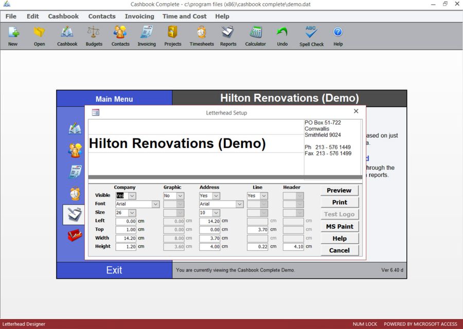 Letterhead Setup screen